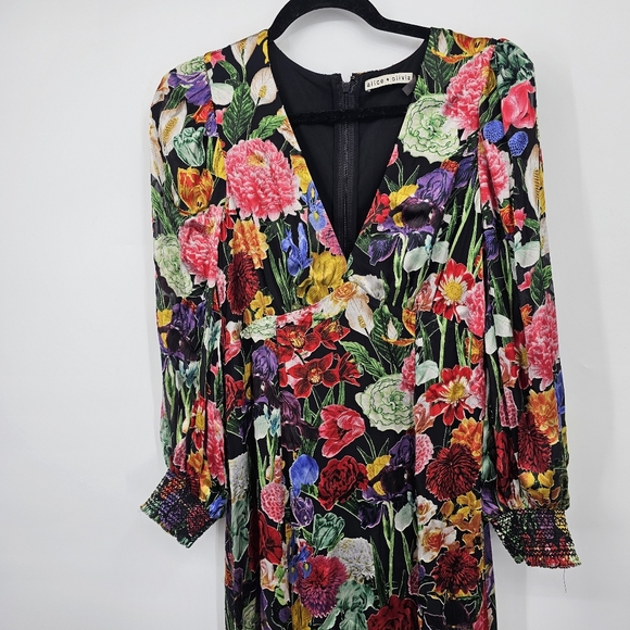 Alice + Olivia Floral Maxi Dress Size 8 | Silk Blend Plunge Gown Puff Sleeves - Picture 4 of 11